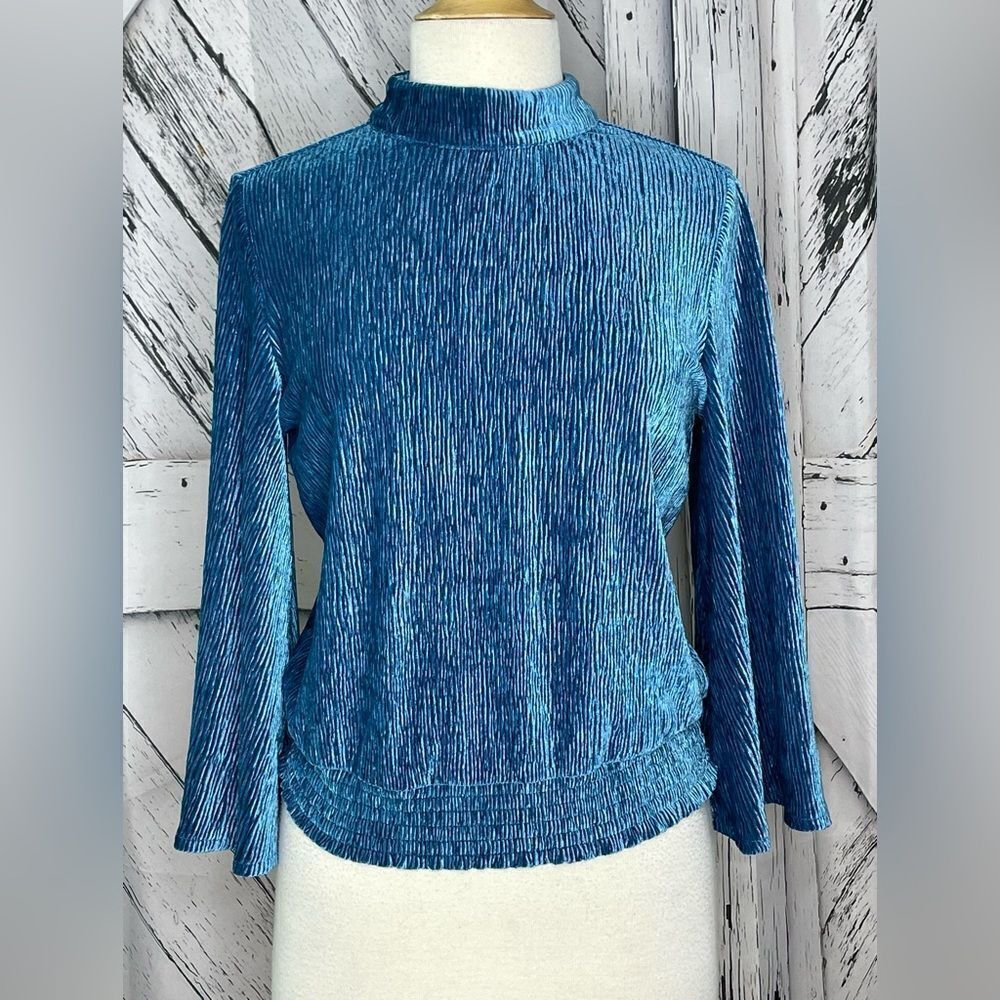 Calligraphie Teal Ribbed Velvet Flare Sleeve Mock Neck Top M